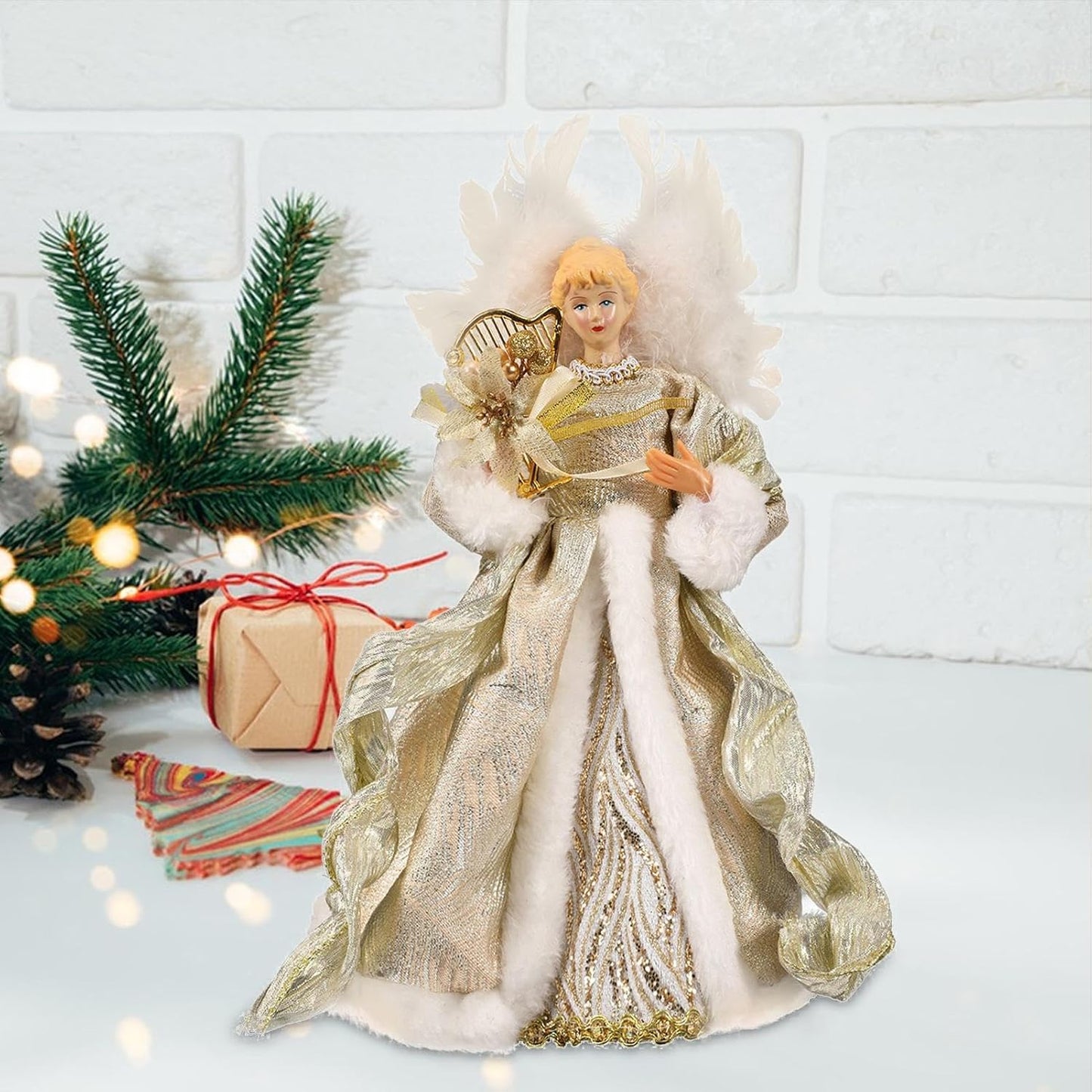 Christmas Tree Angel Topper with White Feather Wings Decorative Ornament - Image 5