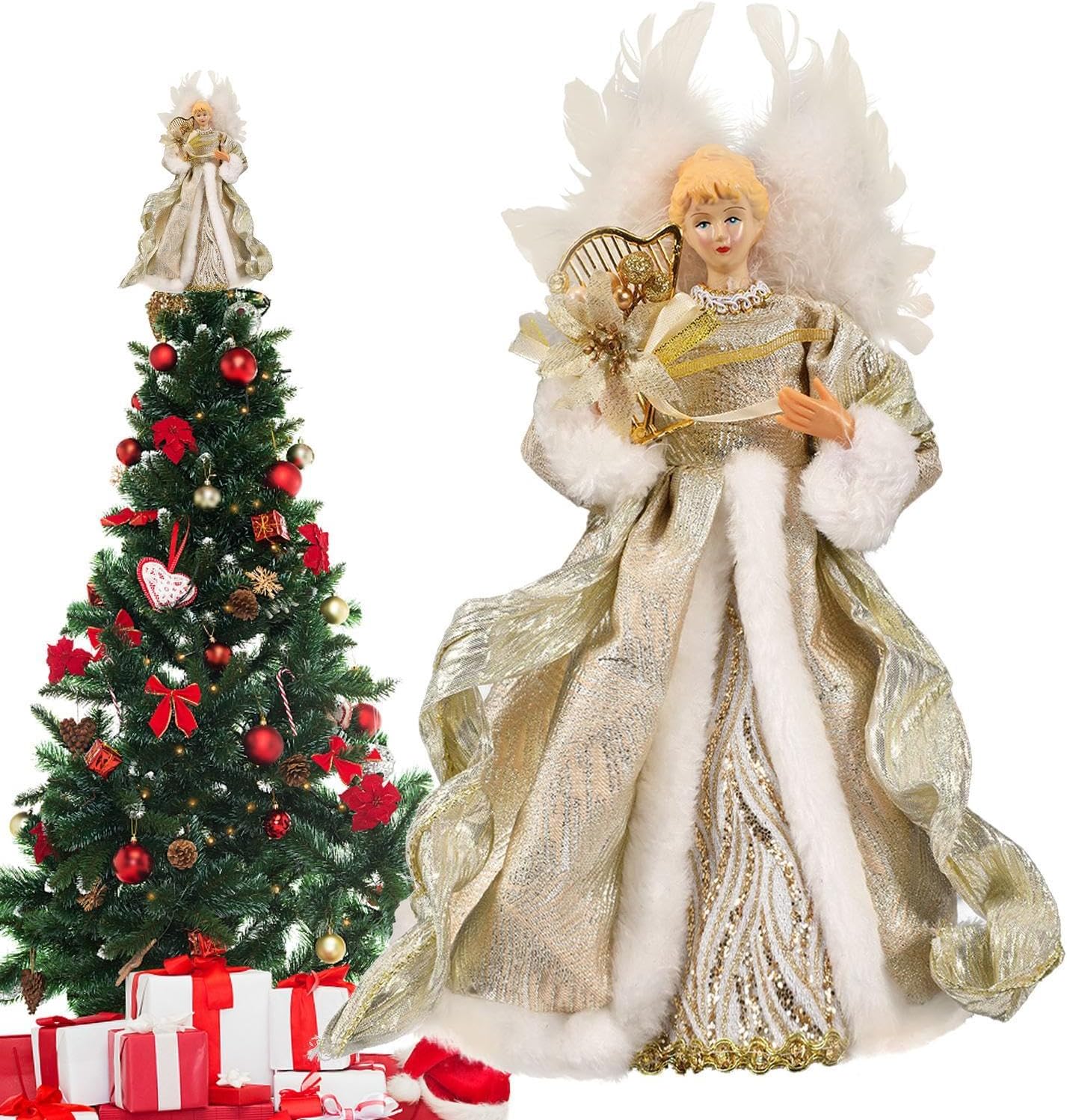 Christmas Tree Angel Topper with White Feather Wings Decorative Ornament - Image 8