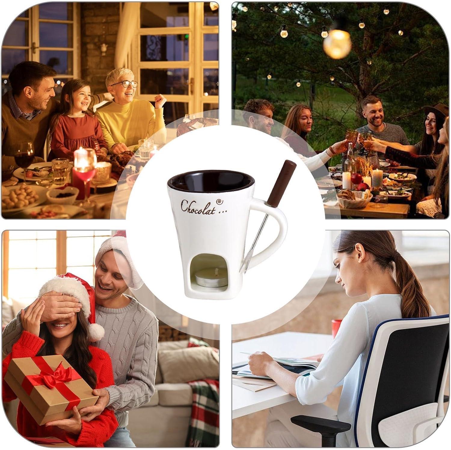 Tealight Fondue Set, Ceramic Melting Pot for Chocolate and Dessert Beige - Image 6