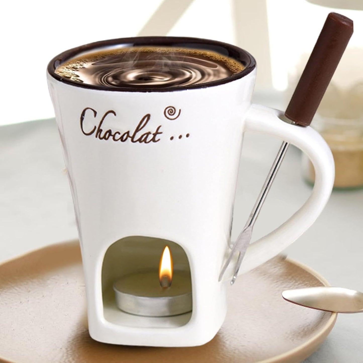 Tealight Fondue Set, Ceramic Melting Pot for Chocolate and Dessert Beige - Image 7