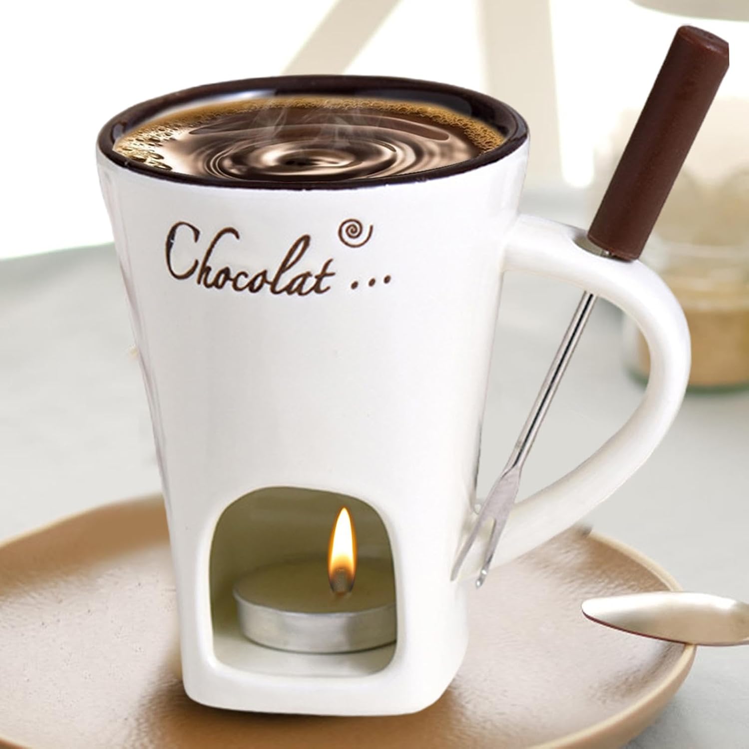 Tealight Fondue Set, Ceramic Melting Pot for Chocolate and Dessert Beige - Image 7