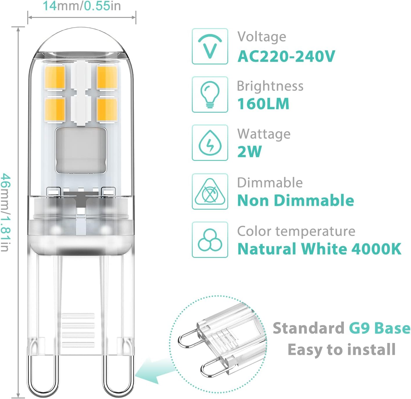G9 LED Bulbs 1.5W Equivalent to 20W Halogen, 4000K Natural White Light, Non-Dimmable Mini Bulbs, 6-Pack Compatible with MGF - Image 2