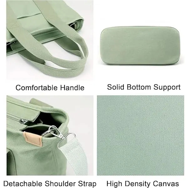 Handmade Canvas Shoulder Bag for Women Black Medium with Compartments Zipper College School Work Travel - Image 5