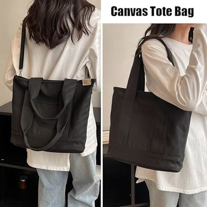 Handmade Canvas Shoulder Bag for Women Black Medium with Compartments Zipper College School Work Travel - Image 6