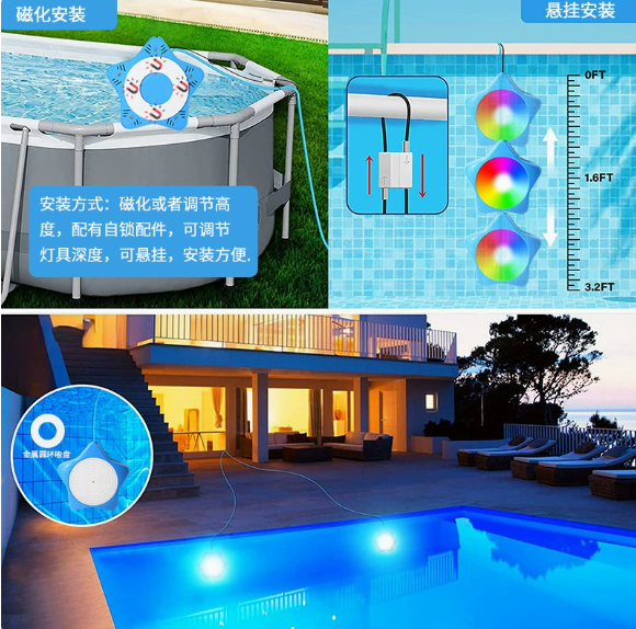 LED swimming pool light, supports APP control, 10W, 150mm diameter, 108 LED beads, dimmable underwater light, IP68 waterproof, 12V color-changing pool light, suitable for above-ground swimming pools. - Image 2