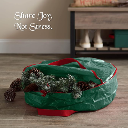 Christmas Wreath Storage Container 24 Inch - Wreath Bag for Artificial Wreaths Box - Dual Zippered Wreaths Storage Bag with Strong Durable Handles - Green - Image 2