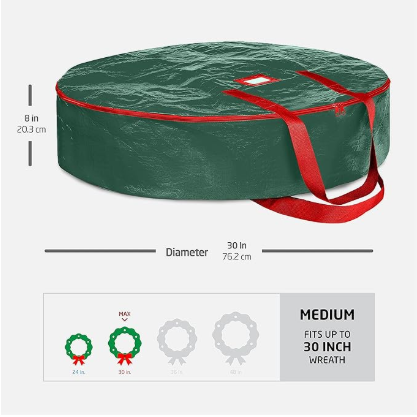 Christmas Wreath Storage Container 30 Inch - Wreath Bag for Artificial Wreaths Box - Dual Zippered Wreaths Storage Bag with Strong Durable Handles - Green - Image 6