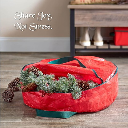 Christmas Wreath Storage Container 36 Inch - Wreath Bag for Artificial Wreaths Box - Dual Zippered Wreaths Storage Bag with Strong Durable Handles - Red - Image 2