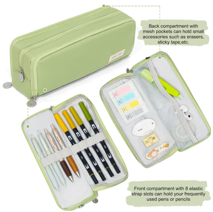Large Capacity Pencil Case 3 Compartment Pouch Pen Bag for School Teen Girl Boy Men Women (Green) - Image 3