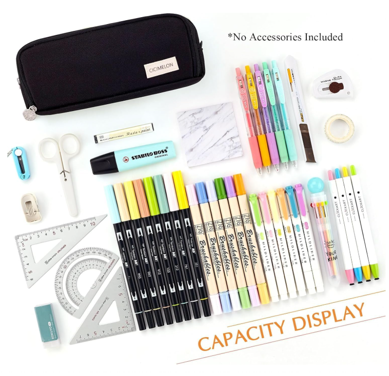Large Capacity Pencil Case 3 Compartment Pouch Pen Bag for School Teen Girl Boy Men Women (Black) - Image 2