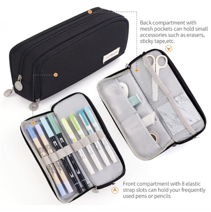 Large Capacity Pencil Case 3 Compartment Pouch Pen Bag for School Teen Girl Boy Men Women (Black) - Image 3