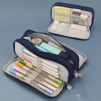Large Capacity Pencil Case 3 Compartment Pouch Pen Bag for School Teen Girl Boy Men Women (Navy)