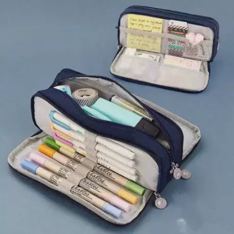 Large Capacity Pencil Case 3 Compartment Pouch Pen Bag for School Teen Girl Boy Men Women (Navy)