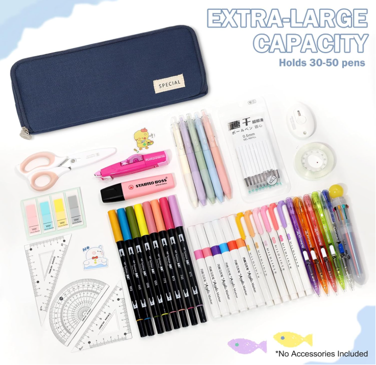 Large Capacity Pencil Case 3 Compartment Pouch Pen Bag for School Teen Girl Boy Men Women (Navy) - Image 2