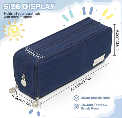 Large Capacity Pencil Case 3 Compartment Pouch Pen Bag for School Teen Girl Boy Men Women (Navy) - Image 3