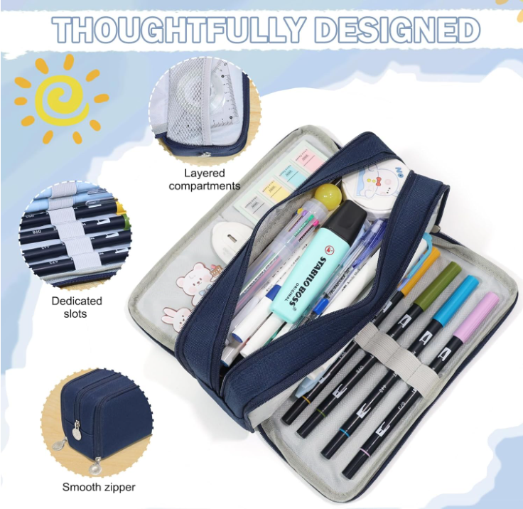 Large Capacity Pencil Case 3 Compartment Pouch Pen Bag for School Teen Girl Boy Men Women (Navy) - Image 4