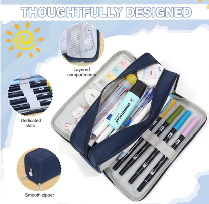 Large Capacity Pencil Case 3 Compartment Pouch Pen Bag for School Teen Girl Boy Men Women (Navy) - Image 4