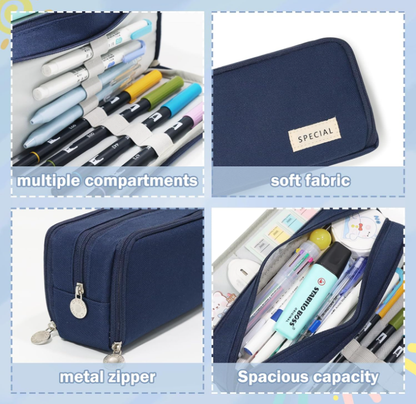 Large Capacity Pencil Case 3 Compartment Pouch Pen Bag for School Teen Girl Boy Men Women (Navy) - Image 5