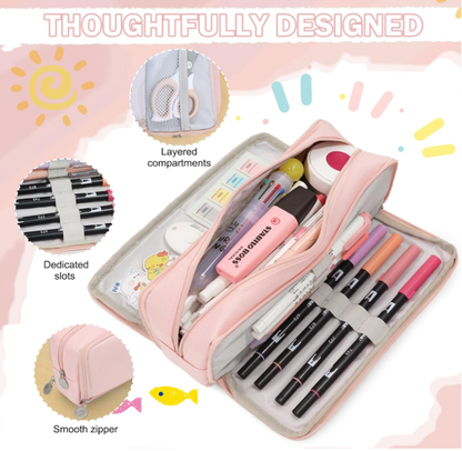 Large Capacity Pencil Case 3 Compartment Pouch Pen Bag for School Teen Girl Boy Men Women (Pink) - Image 3