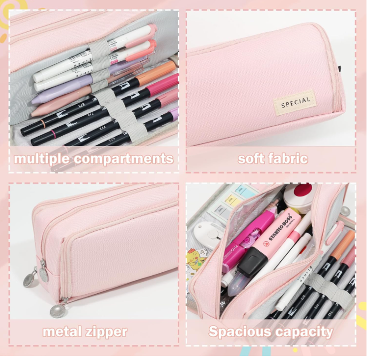 Large Capacity Pencil Case 3 Compartment Pouch Pen Bag for School Teen Girl Boy Men Women (Pink) - Image 4