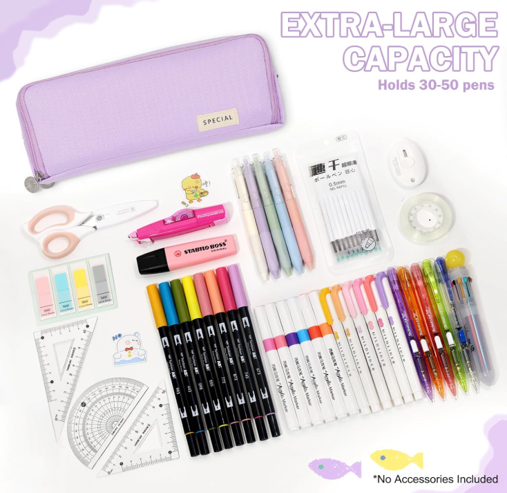 Large Capacity Pencil Case 3 Compartment Pouch Pen Bag for School Teen Girl Boy Men Women (Purple) - Image 2