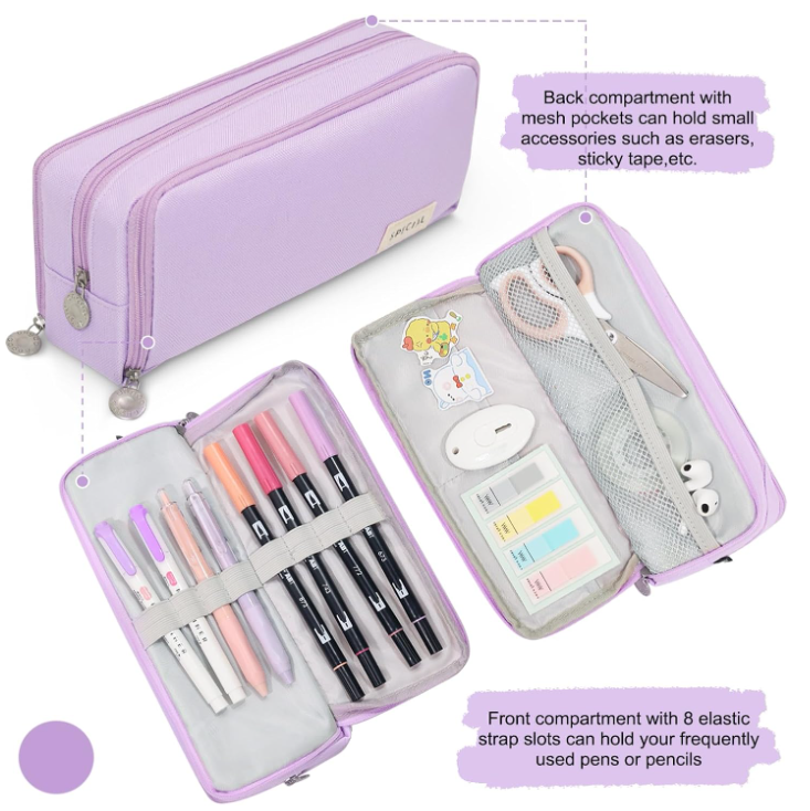 Large Capacity Pencil Case 3 Compartment Pouch Pen Bag for School Teen Girl Boy Men Women (Purple) - Image 3