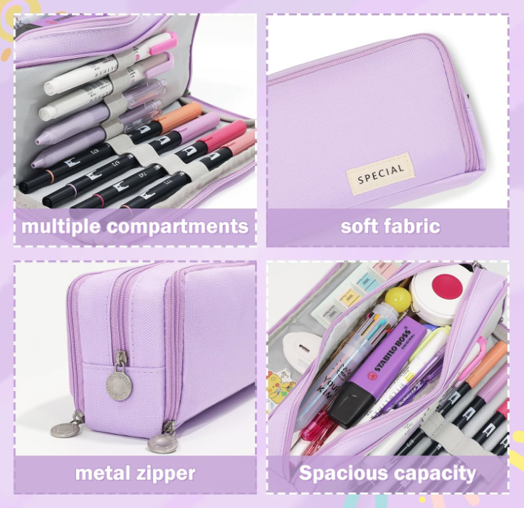 Large Capacity Pencil Case 3 Compartment Pouch Pen Bag for School Teen Girl Boy Men Women (Purple) - Image 4
