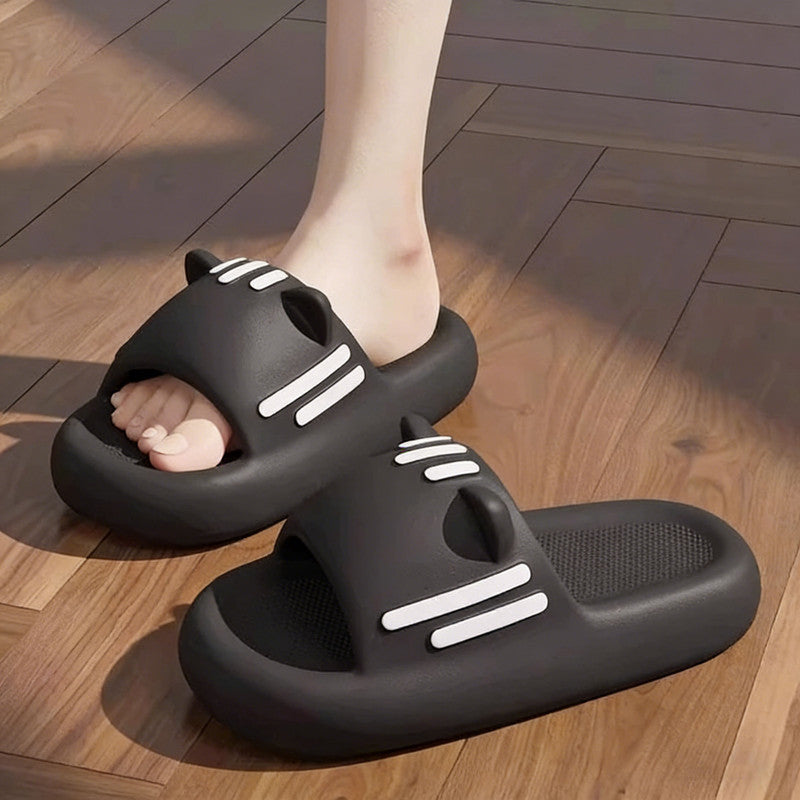 Women’s Slides Cute Bathroom Slippers Non-Slip Cartoon Cat Shaped Indoor Outdoor Summer Slippers（black，36-37）