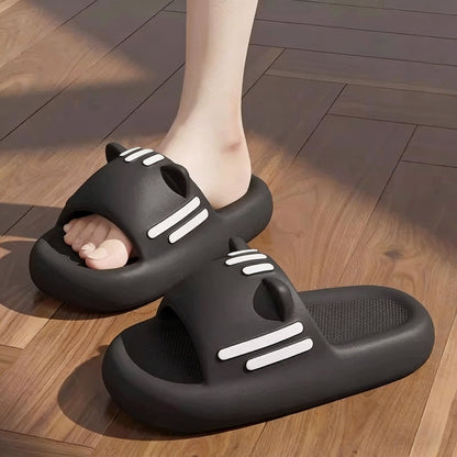 Women’s Slides Cute Bathroom Slippers Non-Slip Cartoon Cat Shaped Indoor Outdoor Summer Slippers（black，38-39）