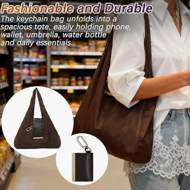 Keychain Tote Bag Compact & Expandable for On the Go, Foldable Tote Bag with Key Ring for Daily Errands - Red - Image 4