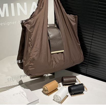 Keychain Tote Bag Compact & Expandable for On the Go, Foldable Tote Bag with Key Ring for Daily Errands - Brown - Image 2