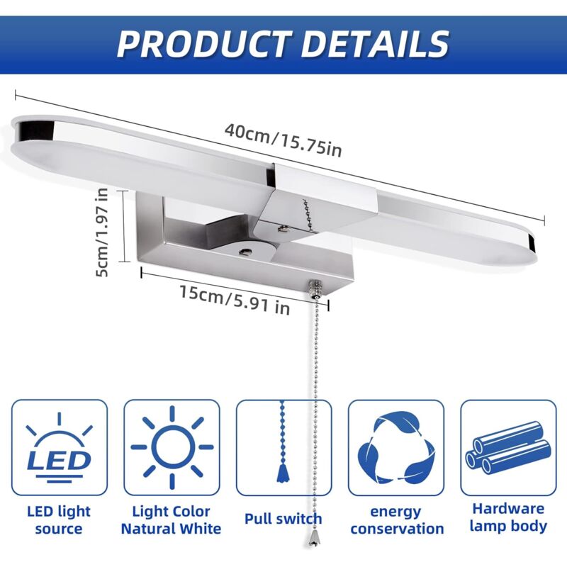 LED Bathroom Mirror Light 40Cm LED Mirror Light Wall Lamp Bathroom Mirror Light With Pull Switch 3000K 920Lm 8W Ip44 - Image 2