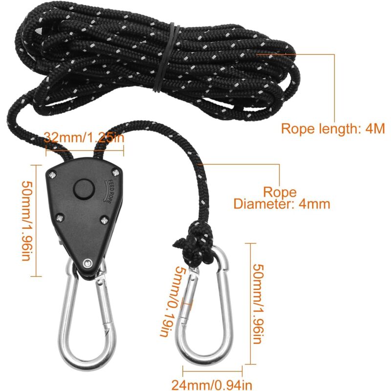 2 Pieces 4M Adjustable Ratchet ROpe, 1/8 Black Ratchet Pulley With 2 Replacement Hooks, Reflective Ratchet ROpe - Image 2