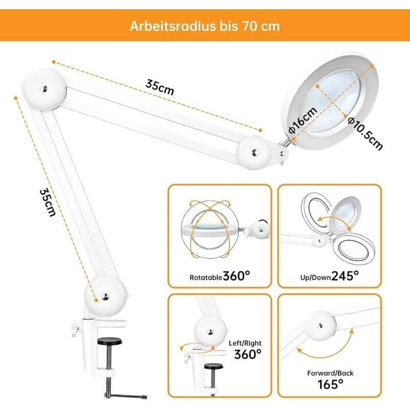 Magnifying Lamp, Work Light - With 105Mm 5 Diopter Glass Lens, Metal Clamp, Swivel Arm, 3 Color Mode Dimmable Lights 16 - Image 3