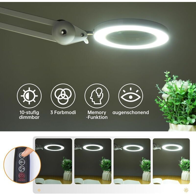 Magnifying Lamp, Work Light - With 105Mm 5 Diopter Glass Lens, Metal Clamp, Swivel Arm, 3 Color Mode Dimmable Lights 16 - Image 4