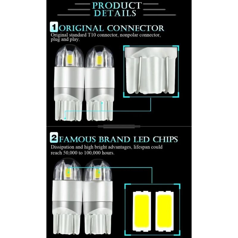 T10 W5W LED Side Marker Light 12V 6000K White 168 194 LED Turn Signal Light For Car Motorcycle License Plate Light Bulb - Image 4