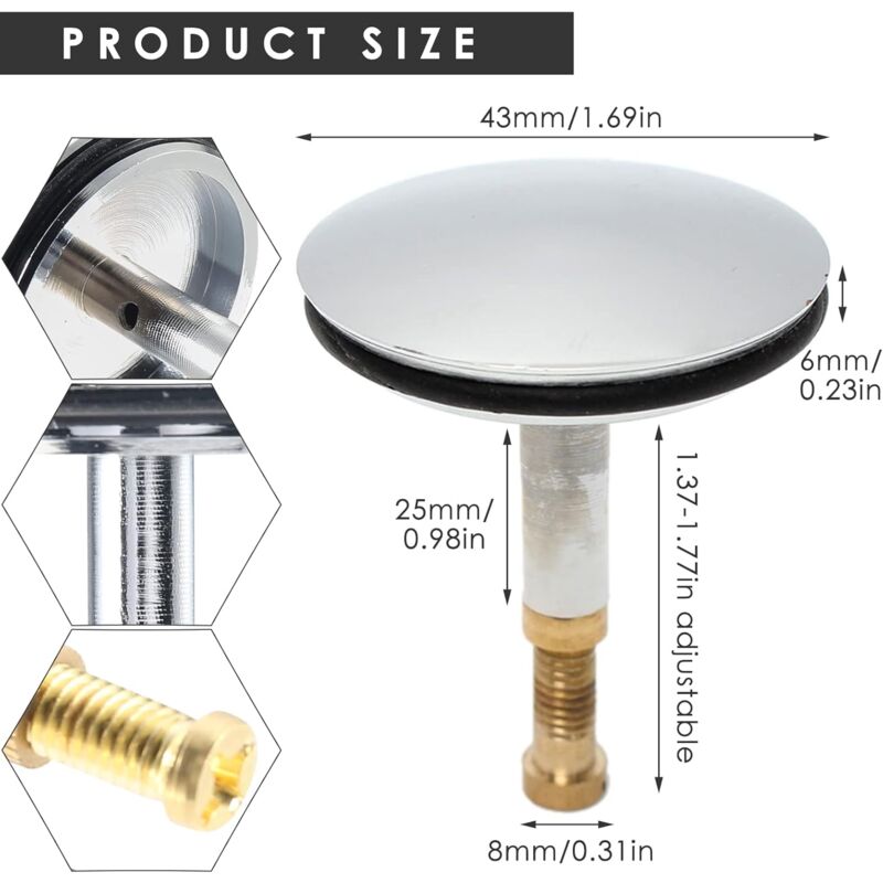 Universal Bathtub Plug Ø 43 Mm, Brass Drain Plug With Chrome-Plated Surface, Rustproof, For Regular Bathtub Drainage, - Image 2