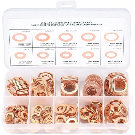 Copper Metal Washers, Gaskets Sealing Ring, Flat Washers, O-Ring With Box For Sealing - 200 pcs/M5 M6 M8 M10 M12 M14