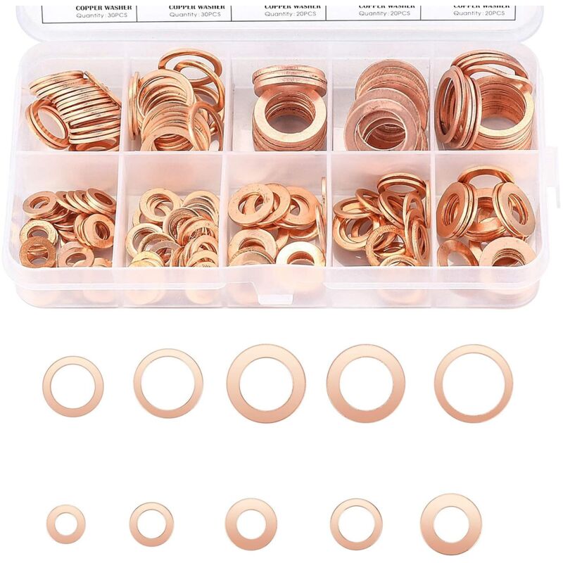 Copper Metal Washers, Gaskets Sealing Ring, Flat Washers, O-Ring With Box For Sealing - 200 pcs/M5 M6 M8 M10 M12 M14 - Image 2