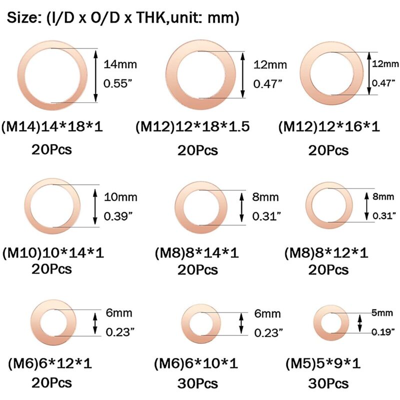 Copper Metal Washers, Gaskets Sealing Ring, Flat Washers, O-Ring With Box For Sealing - 200 pcs/M5 M6 M8 M10 M12 M14 - Image 3