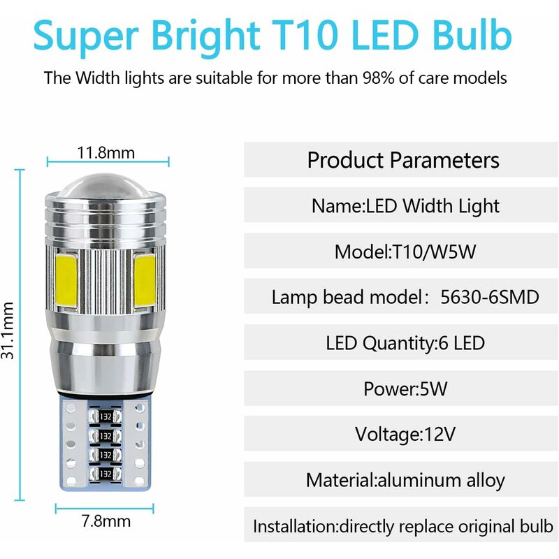 T10 W5W LED Bulb Car Interior Light LED Car Night Light Suitable For License Plate Lights, Side Lights, Position Lights - Image 2