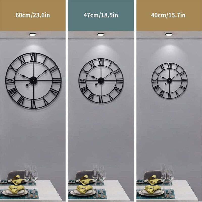 Large ROund Metal Wall Clock Vintage Style Silent Non Ticking Battery Operated 40Cm Black ROman Numeral Clocks For - Image 2