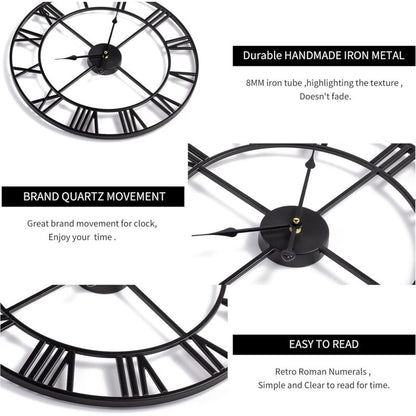Large ROund Metal Wall Clock Vintage Style Silent Non Ticking Battery Operated 40Cm Black ROman Numeral Clocks For - Image 3