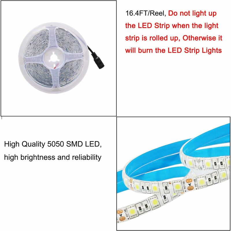 12V LED Strip Light Cool White 6500K, 5 Meters Flexible 300 LEDs 5050 Smd Ip65 Waterproof LED Strip [Energy Class A] - Image 4