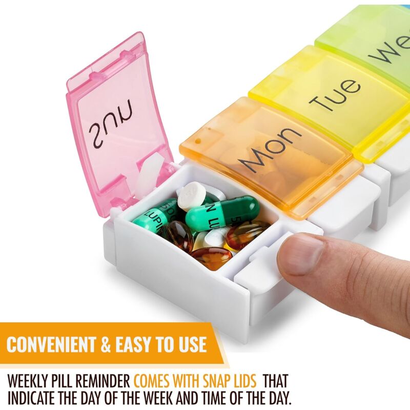 Weekly Pill Organizer - Travel Medicine Box With Push Button Large Compartments, Organizer For Tablets Vitamins & - Image 2