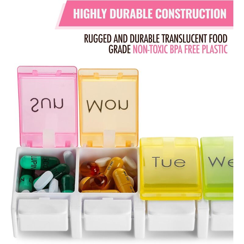 Weekly Pill Organizer - Travel Medicine Box With Push Button Large Compartments, Organizer For Tablets Vitamins & - Image 3