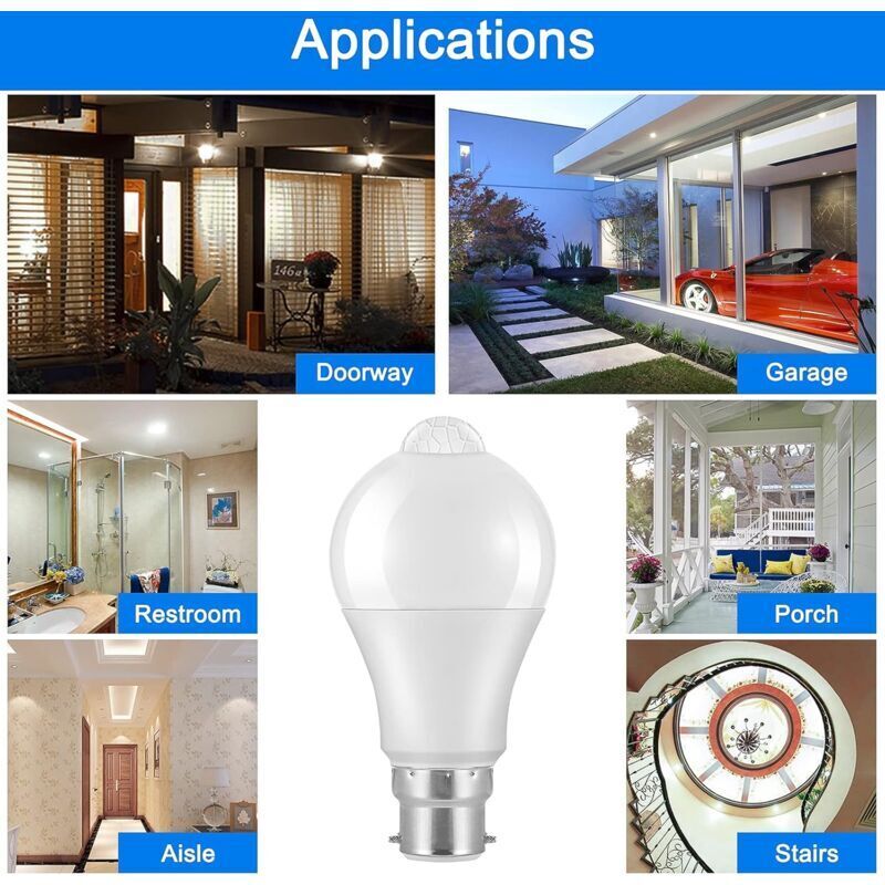 Motion Sensor Bulb B22 Bayonet LED, 12W, 1020Lm, Cool White 6000K, Cir 85, Waterproof Ip42 Energy Saving, Non-Dimmable, - Image 3
