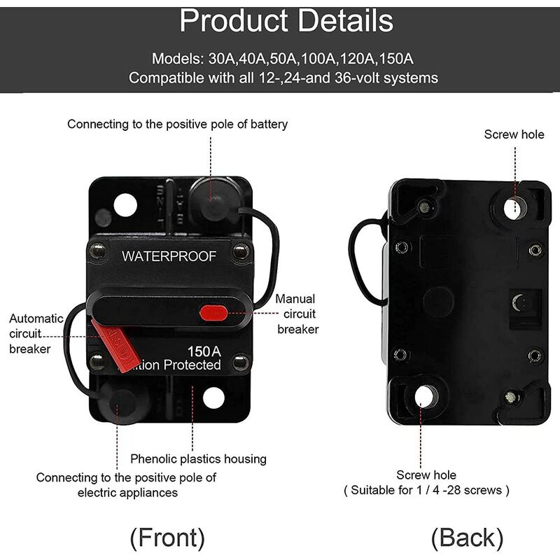 Car Circuit Breaker 30A - 150A, Dc 12V - 48V Waterproof Circuit Breaker With Manual Reset For Auto Car Marine Boat Bike - Image 3