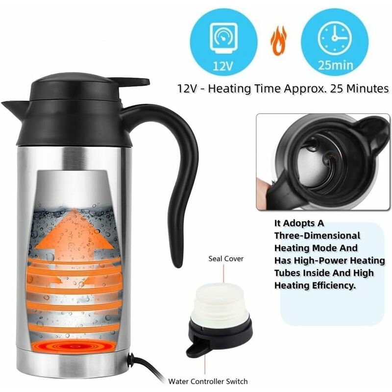 750Ml Portable Stainless Steel Electric Travel Kettle, 12V Car Cigarette Lighter, Electric Travel Mug Heating Kettle - Image 4