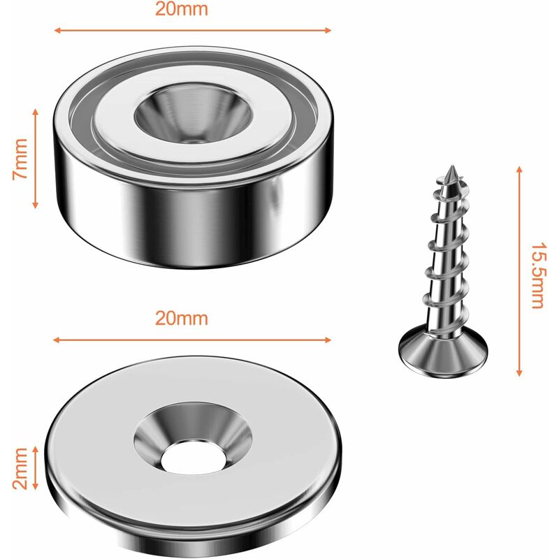 12 pcs Neodymium Magnets 10Kg Force 20 X 7Mm With Hole And Capsule, Countersunk Pot Magnet With Screws And 12 Steel - Image 2